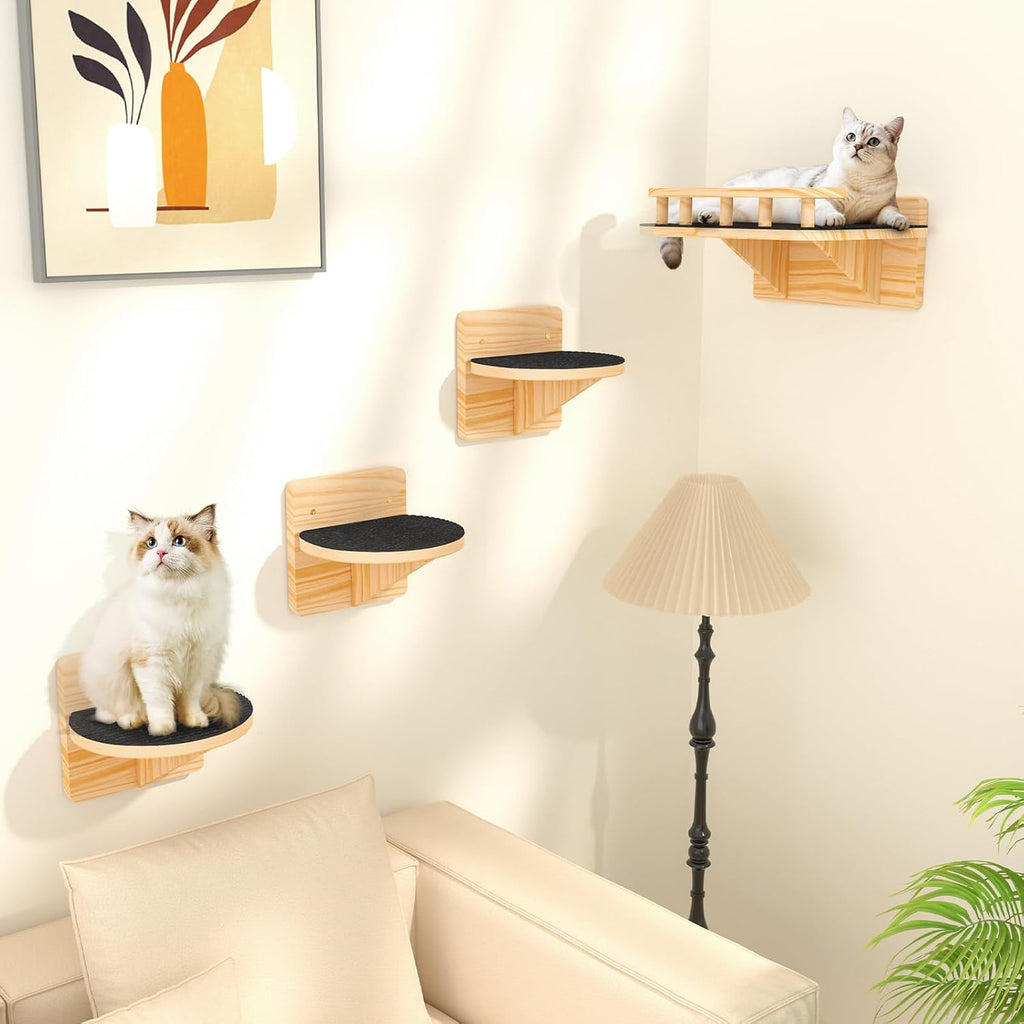 Cat Wall Shelves, Cat Wide Climber Shelf with 3 Perch Steps, Kitty Wall Mounted Wooden Furniture up to 25lbs, Durable