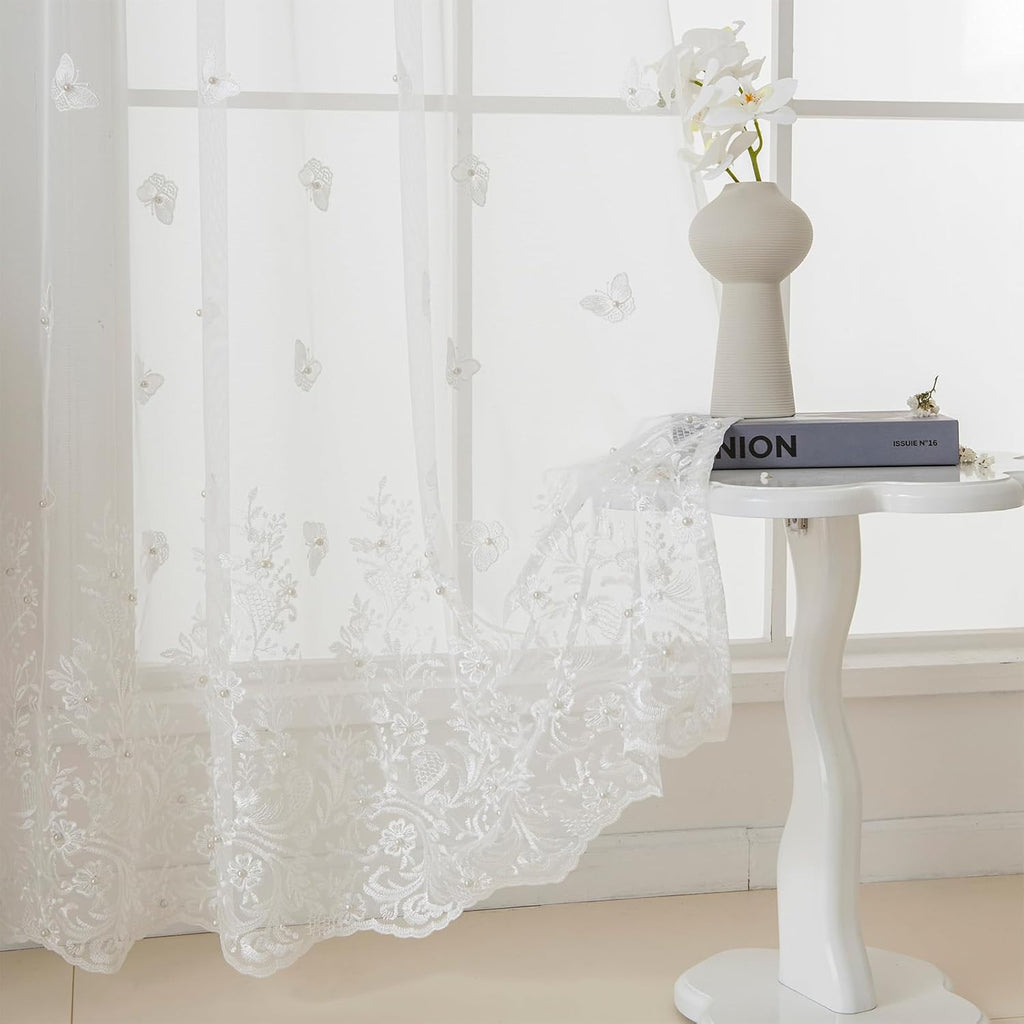 White Sheer Voile Curtains, Decorative White Embossed Butterflies Rod Pocket Window Drapes for Home Kitchen, Living