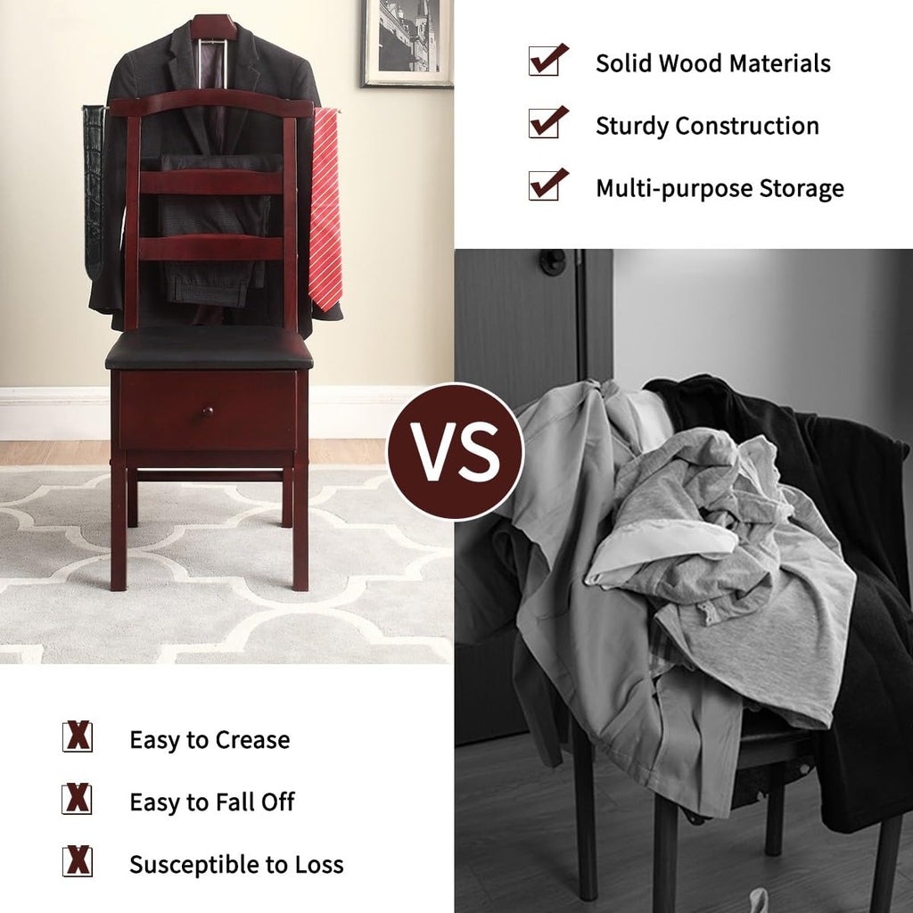 Wooden Suit Valet Stand with Contour Hanger and Drawer Chair Valet