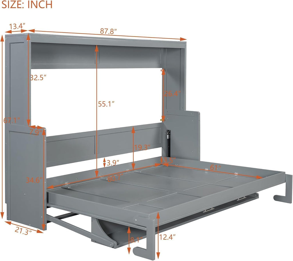 Queen Horizontal Murphy Bed with Desk,Solid Wood Folding Hideaway Murphy Wall Bed for Adult,Guest Room (Grey,Queen)