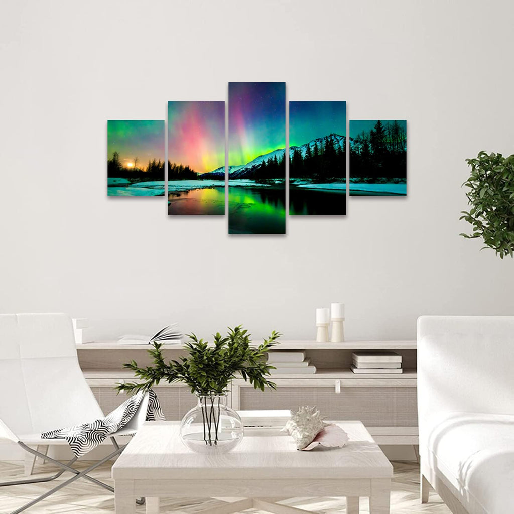Northern Lights Wall Art Alaska Posters Canvas Landscape Artworks Mountains Picture Office Wall Decor (60Wx32H)
