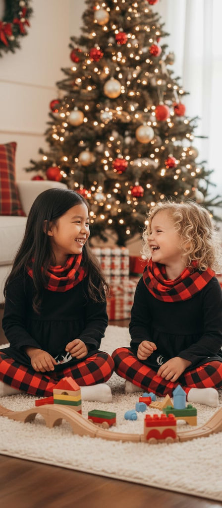 Girls 3 Piece Kids Toddler Christmas Plaid Reindeer Legging Set Outfit Long Sleeve Stretch Tunic Top Leggings and