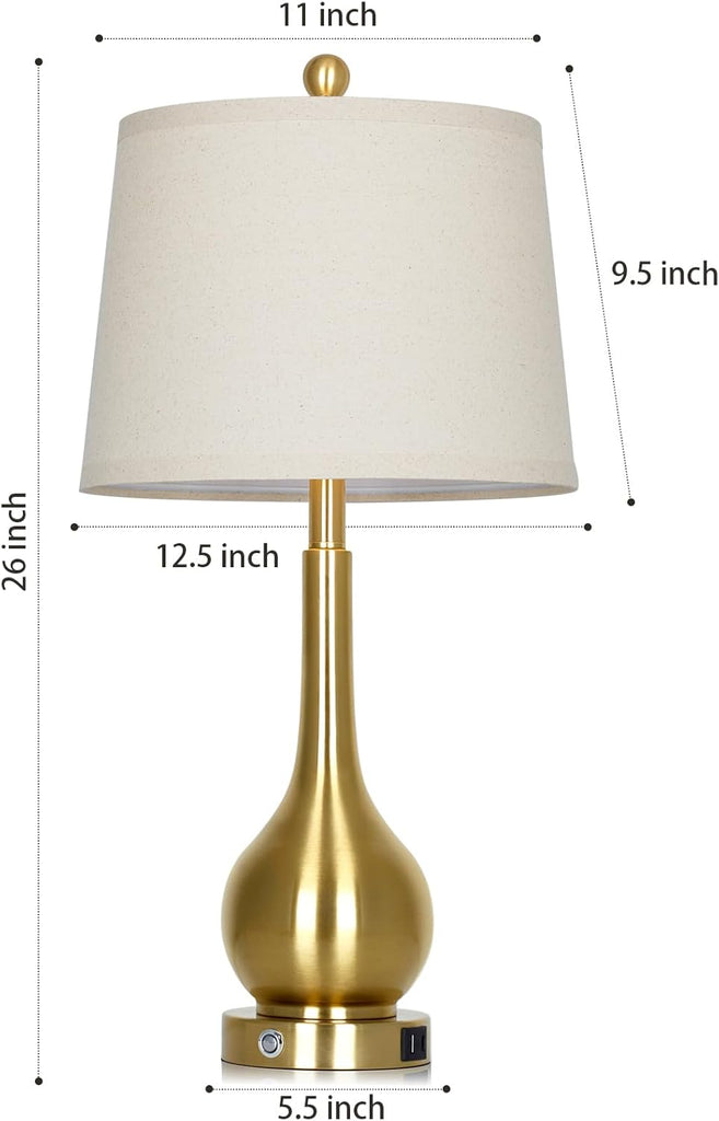 26" Gold Table Lamp Single, Touch Control Bedside Lamp, 3-Way Dimmable End Table Lamp with USB Charging Port (1 Pack)