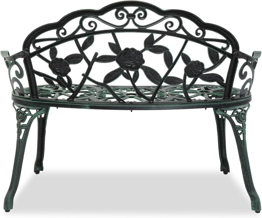 Outdoor Metal Patio Bench, Vintage Porch Bench with Rose Pattern and Curved Legs, Weather Resistant Garden Chair for