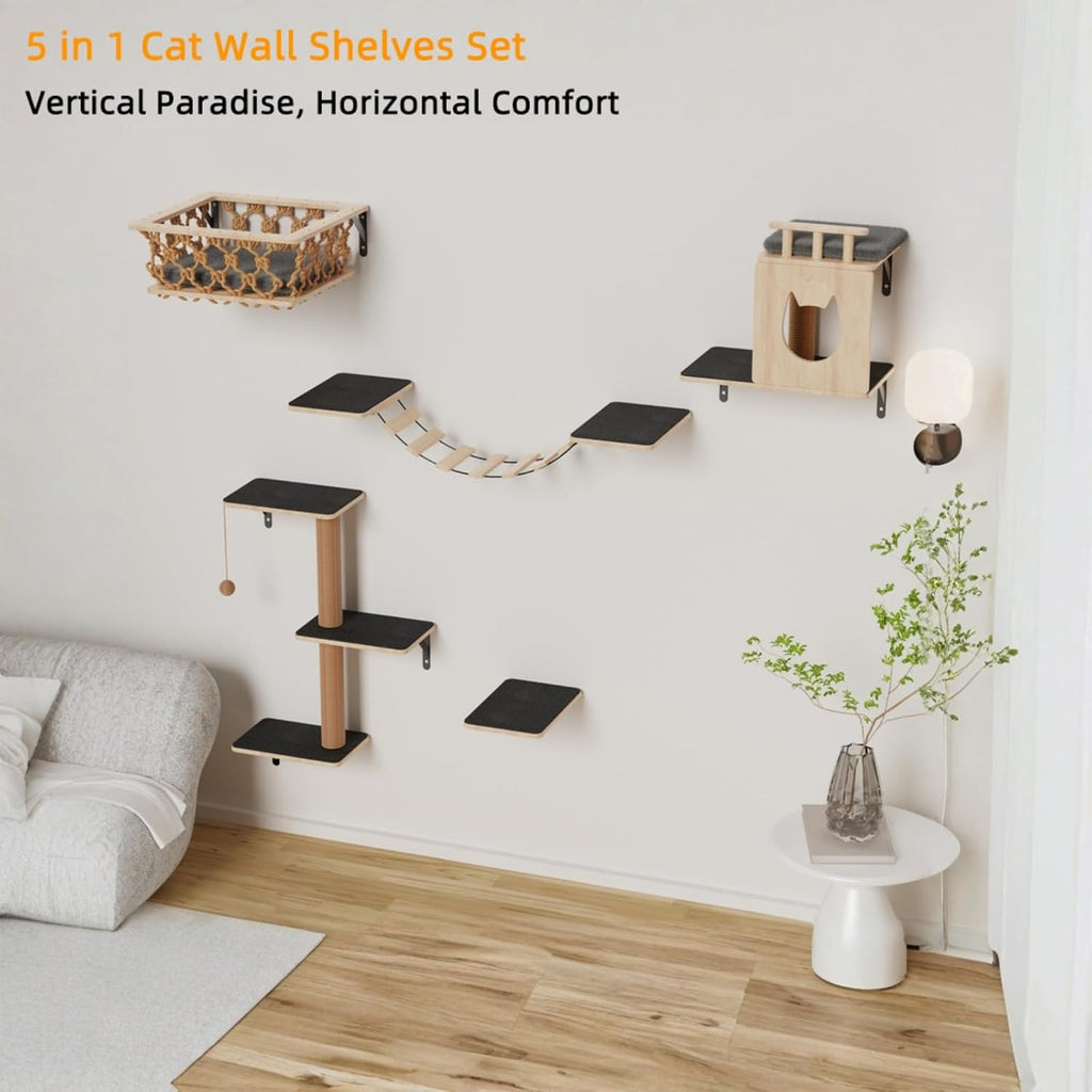 5-in-1 Cat Wall Shelves Set with Hammock, Wall-Mounted Cat Furniture Includes Condo, Bridge, Ladder & Steps