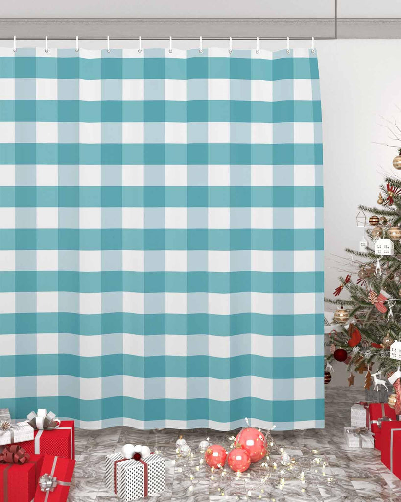Rustic Teal White Buffalo Check Plaid Pattern, Farmhouse Shower Curtains Set with Hooks, Waterproof Fabric Bathroom