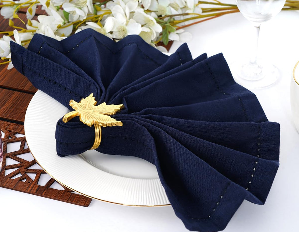 Navy Blue Hemstitch Linen Napkins Set of 12-100% Cotton Cloth Dinner Napkins 18x18 inches, Soft, Reusable, Absorbent