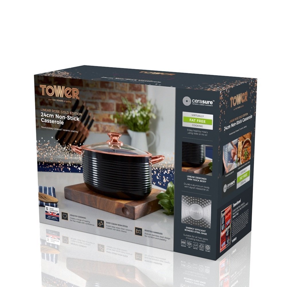 Linear Casserole Dishwith Easy Clean Non-Stick Ceramic Coating, Aluminium, Black and Rose Gold, 24 cm