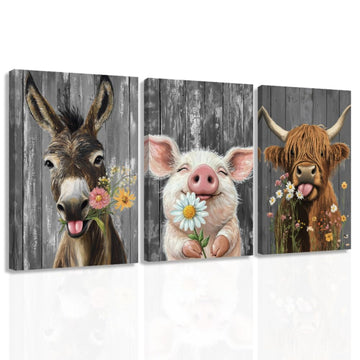 3 Piece Farm Animal Wall Art Funny Highland Cow Donkey Pig Painting Animal and Flower Pictures Farmhouse Canvas
