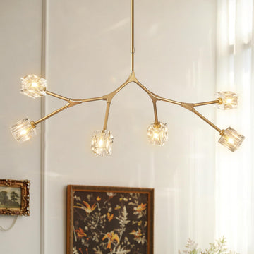 6 Lights Gold Crystal Chandelier L43in Modern Luxury Sputnik Chandelier Over Table Adjustable Flush Mount Pendant