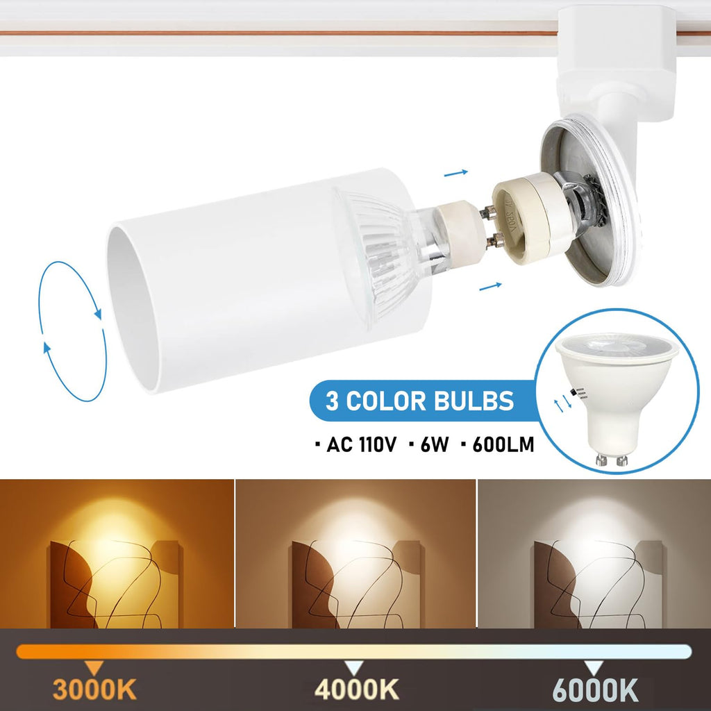 8FT LED Track Lighting Kit with 3-Color GU10 Bulbs, Dimmable 6 Lights White