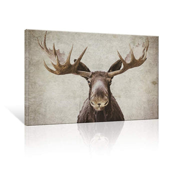 Moose Wall Art Canvas Rustic Cabin Decor 36"x24" Wildlife Home Decor Vintage Elk & Deer Painting with Antlers Bedroom