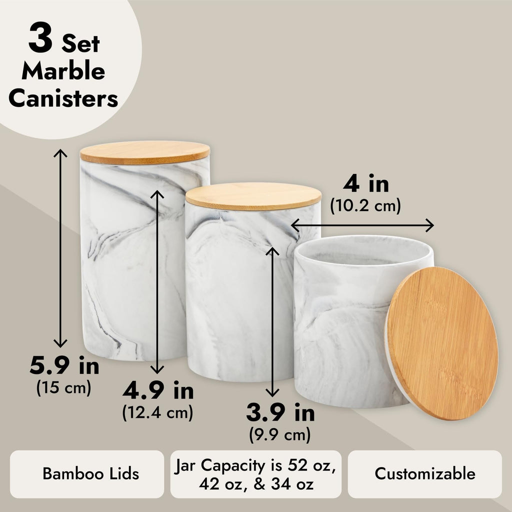 Ceramic Jar Set - Airtight Wood Lids Countertop Jars - White Marble Ceramic Food Storage Containers with Lids