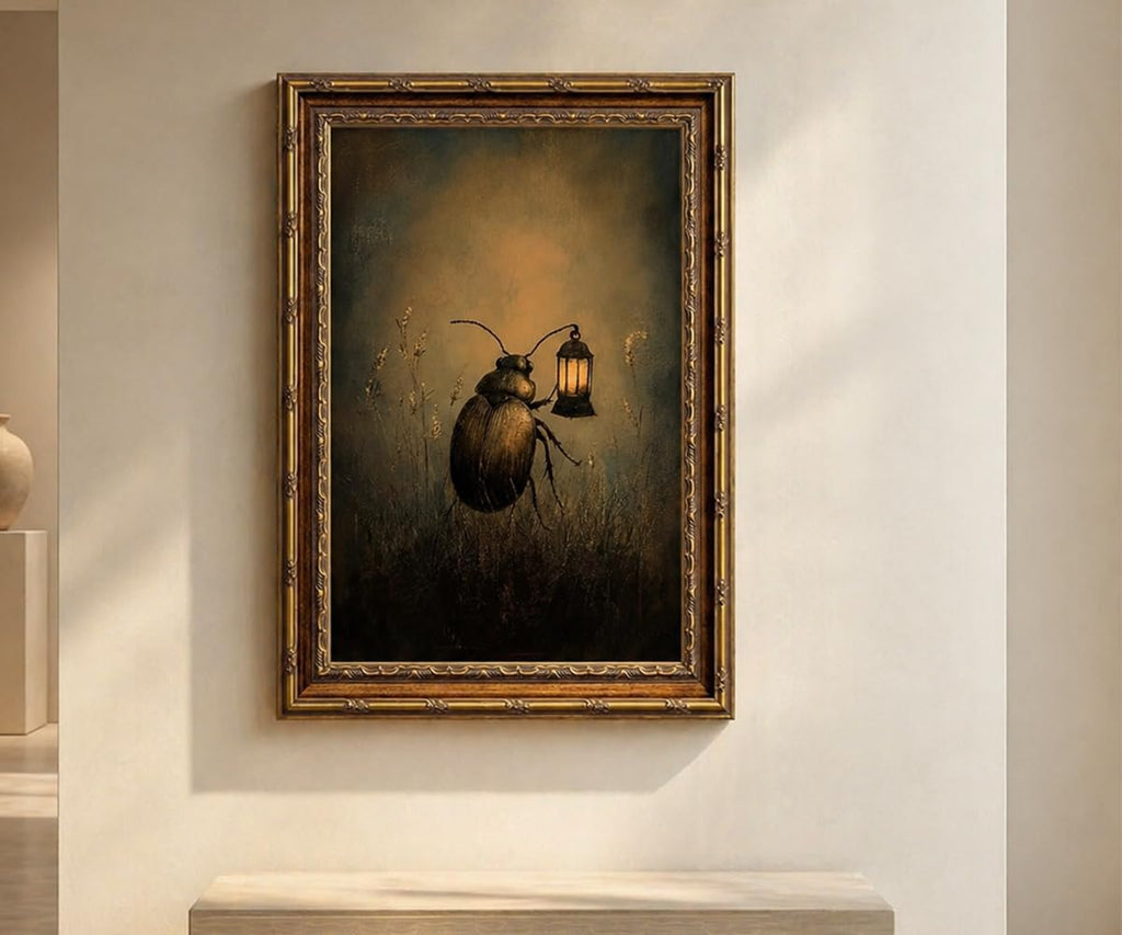 Vintage Gold Framed Wall Art Retro Dark Beetle with Lantern Academia Insect Poster Canvas Print Painting, Farmhouse