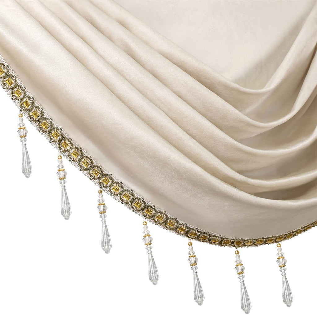 Luxury Cream Velvet Curtain Valances for Living Room with Beads(59inch,1 Panel)