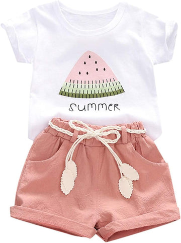 Toddler Baby Girls Clothes Watermelon T-shirt + Linen Shorts with Belt Cute Summer Short Set