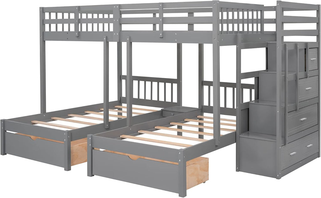 L Shaped Bunk Bed Full Over Twin Over Twin for 3, Triple Bunk Beds Frame with Storage Drawers and Staircase
