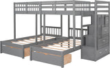 L Shaped Bunk Bed Full Over Twin Over Twin for 3, Triple Bunk Beds Frame with Storage Drawers and Staircase