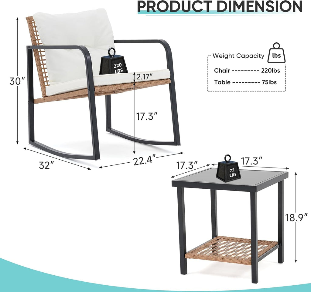 3-Piece Rocking Bistro Set, Small Wicker Patio Furniture Set | Outdoor Patio Rocking Chairs Set, 2-Tier Coffee Table