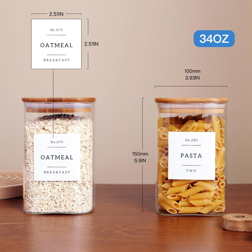 6 Pack Square Kitchen Storage Jars with Airtight Bamboo Lids and 132 Pantry Labels - 35oz Glass Canisters With Wood