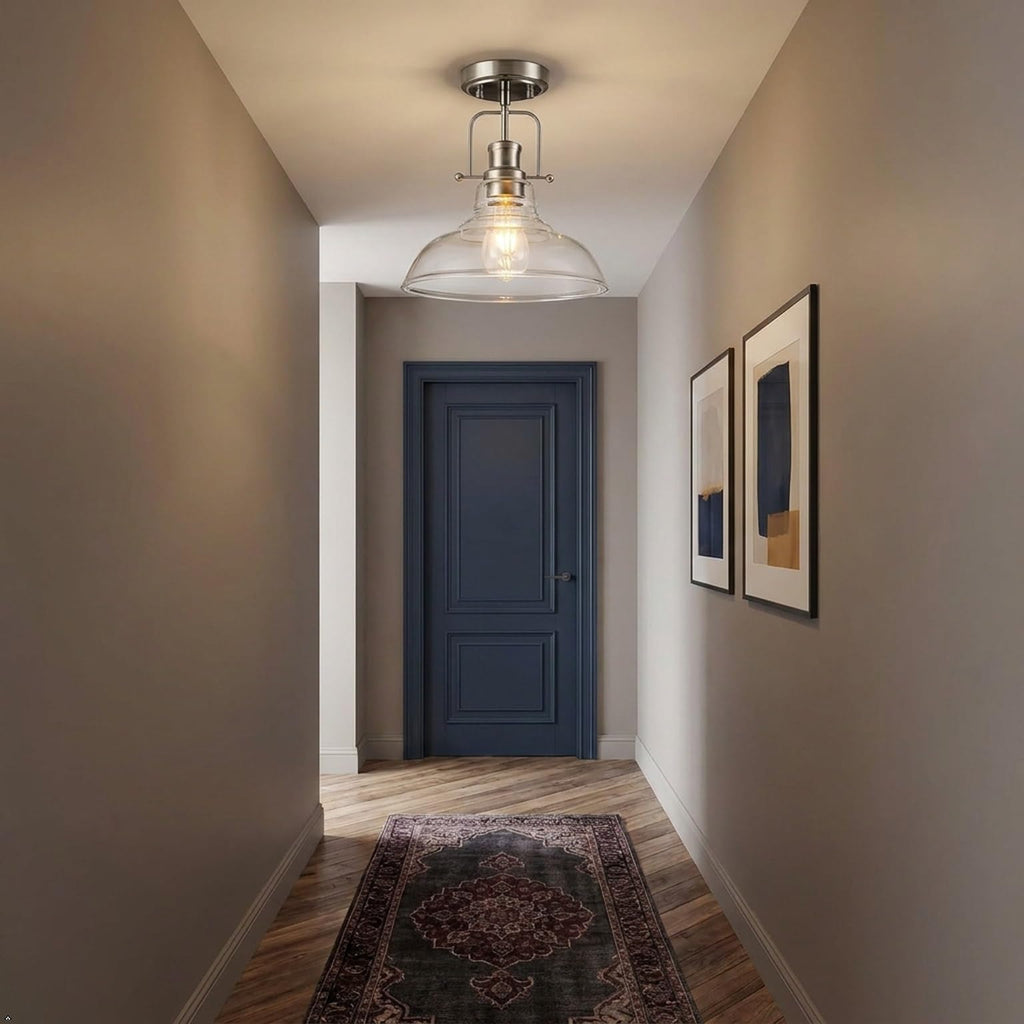 Semi Flush Mount Ceiling Light Fixture, Brushed Nickel Farmhouse Light Fixtures with Clear Glass Shade, Modern
