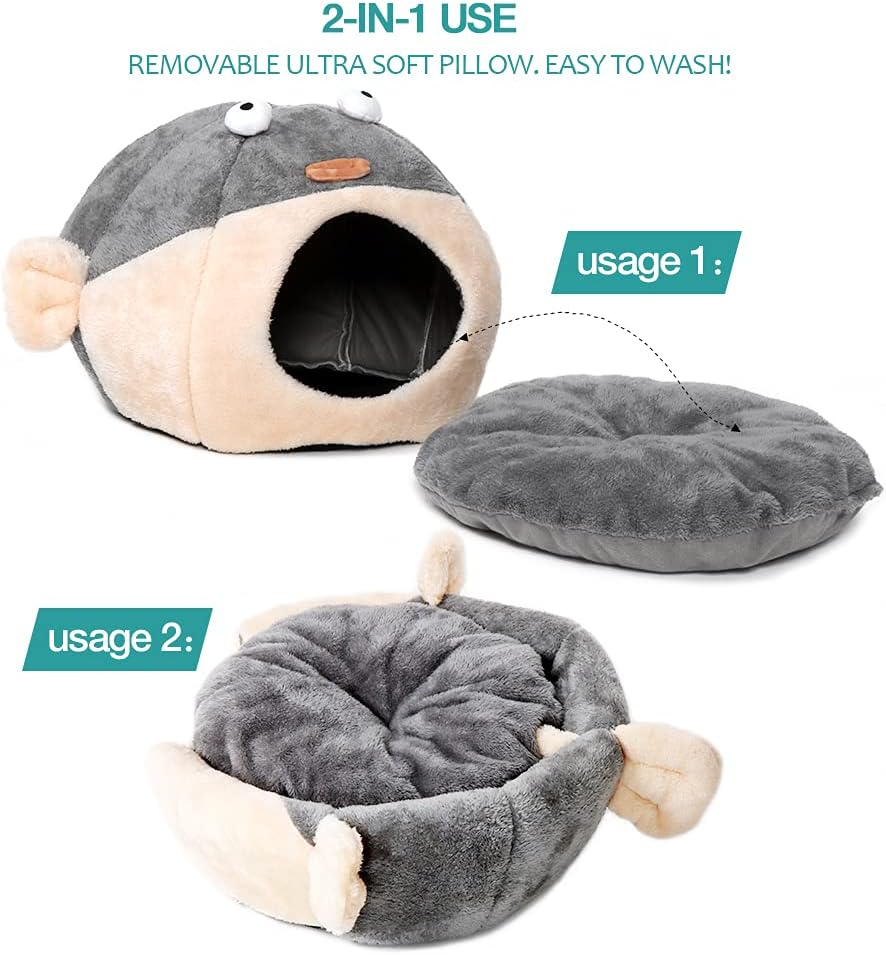 Cat Beds for Indoor Cats-Cat Bed Cave, Cute Lively Pufferfish shape, Grey L