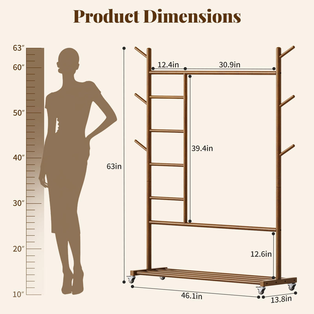 Solid Wood Clothing Rack, 4-in-1 Wooden Clothes Rack with Wheels