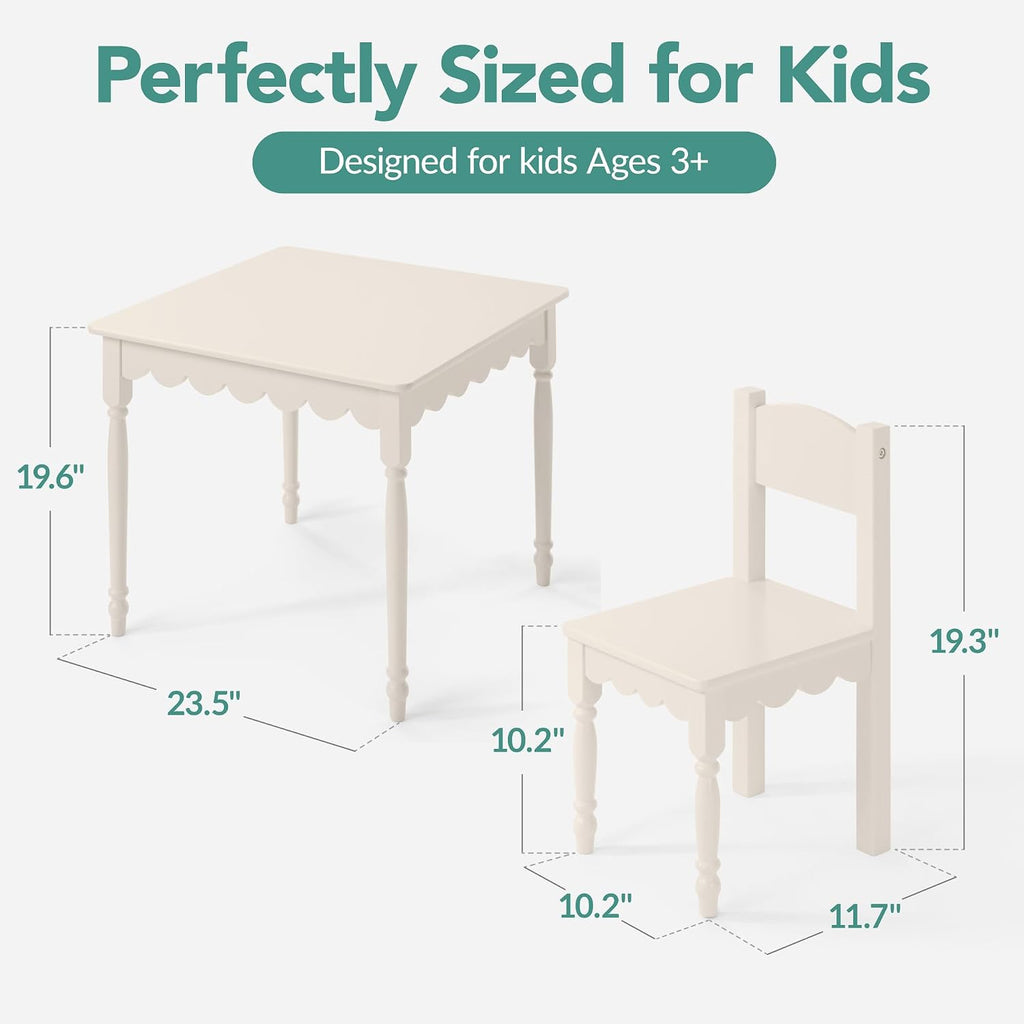 Kids Table and Chair Set for Toddlers, Solid Wood Activity Table and Chairs, Scalloped Edge Design, Sturdy 100 lb