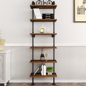 Industrial Pipe Shelf Rustic Wood Wall Shelf Ladder Bookshelf Wall Mounted Storage Decor Shelf (6-Tier)-Black