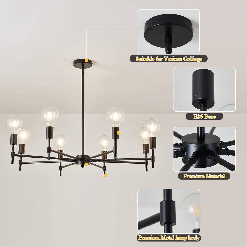 8-Light Black Sputnik Chandelier Matte Industrial Flush Mount Ceiling Light Fixture Metal Modern Pendant Light for