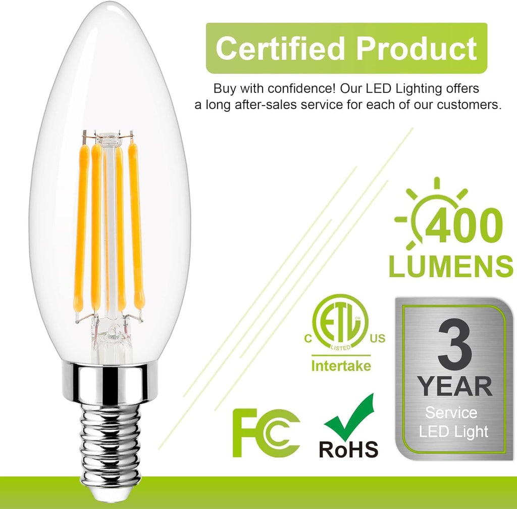 E12 LED Bulb Dimmable, Candelabra LED Bulb 40W Equivalent, 3000K Warm White, B11 B10 Type B LED Light Bulbs 4W