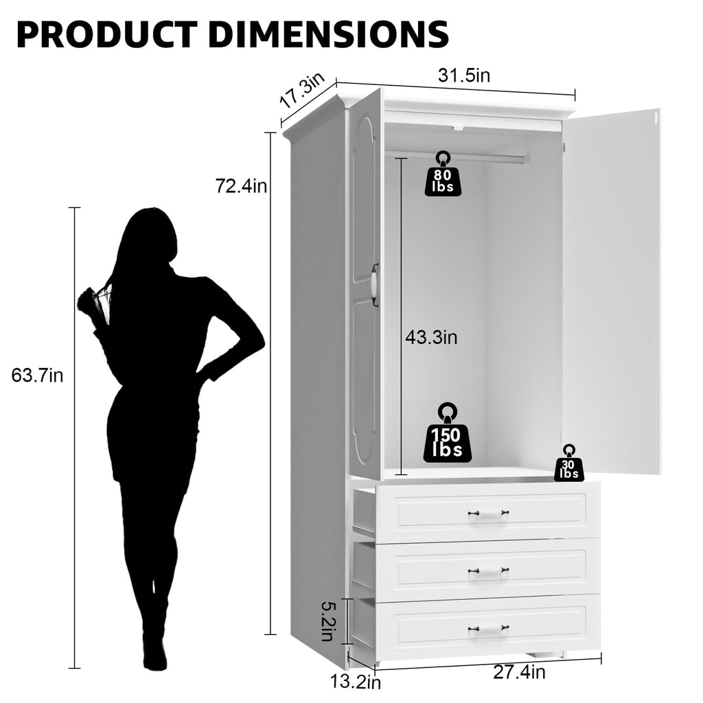 72" Wooden Armoire Wardrobe Closet with LED Bedroom Armoire with 3 Drawers and Retro Ceramic Handles Modern Wardrobe