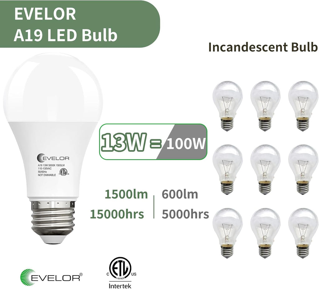 24-Packs A19 LED Light Bulbs,100 Watt Equivalent Daylight 5000K Bright Bulbs Efficient 13W,1500 Lumens E26 Base, Non