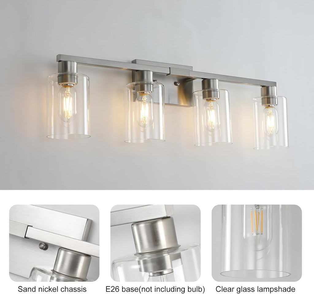 4 Light Bathroom Light Fixtures, Brushed Nickel Modern Bathroom Vanity Light with Clear Glass Shade, Bathroom