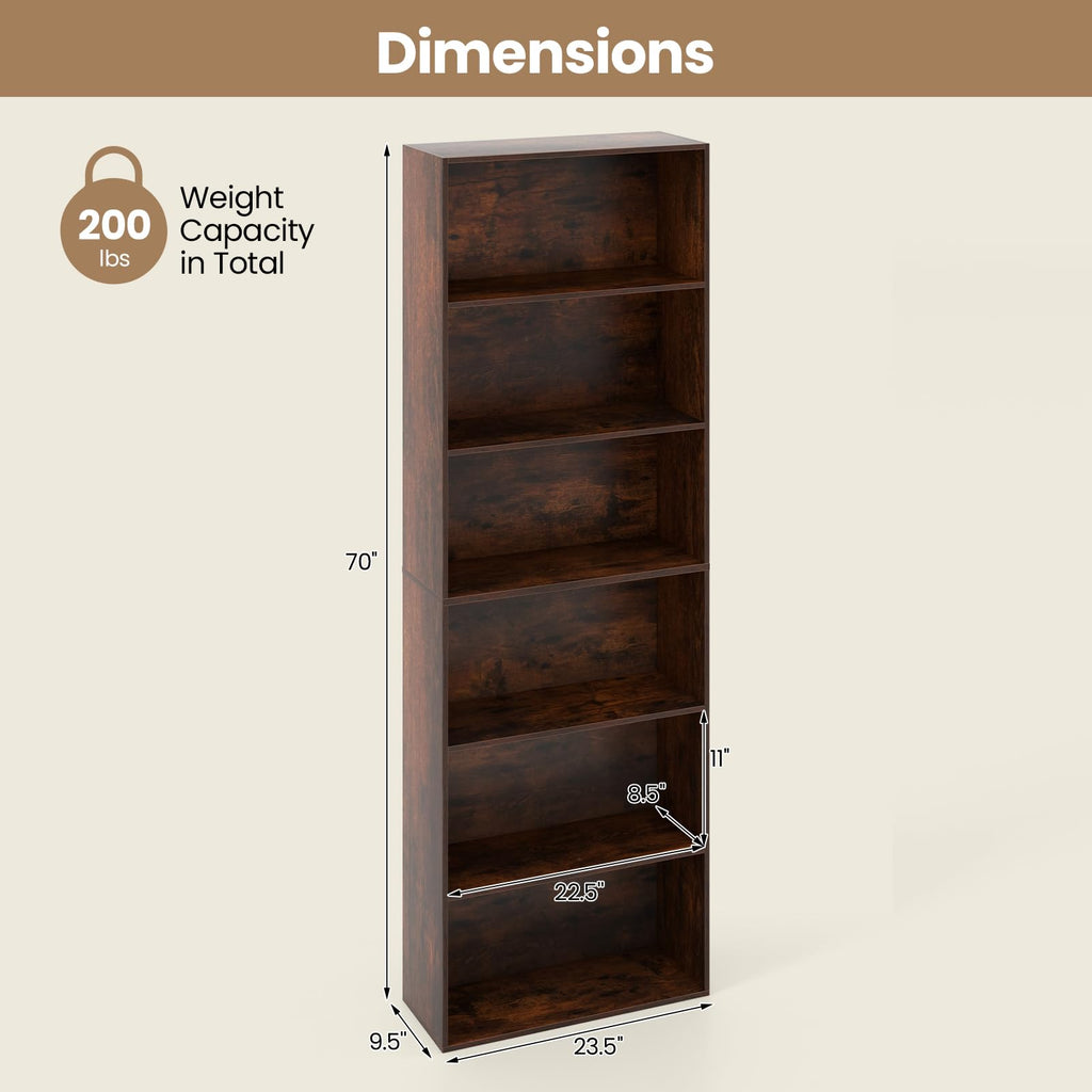 6-Tier Bookcase, 70" Tall Wooden Bookshelf, Freestanding Storage Organizer w/Open Shelves, Anti-Tipping Kits, Modern