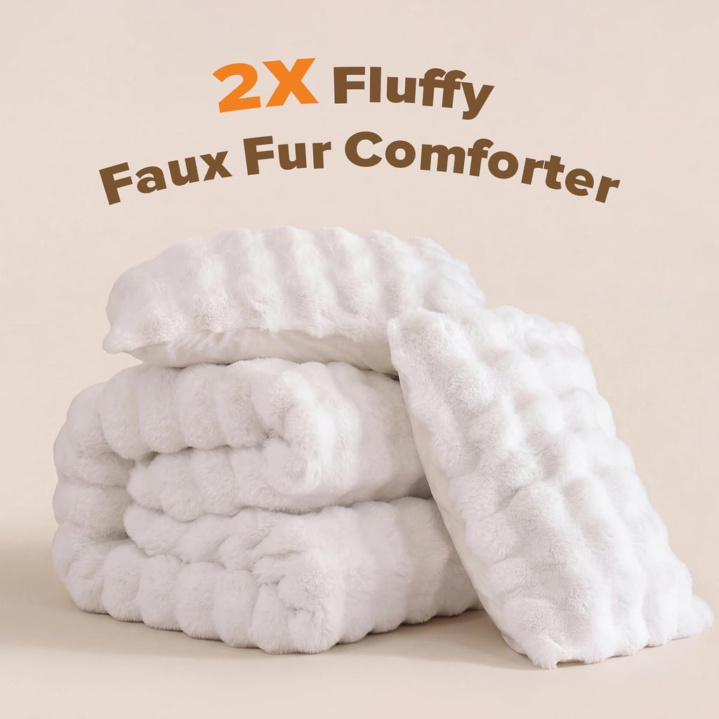 King Faux Fur Soft Comforter Set, Fluffy White Rabbit Fur Comforter | Warm Thick King Size Bedding Set,Super Fluffy