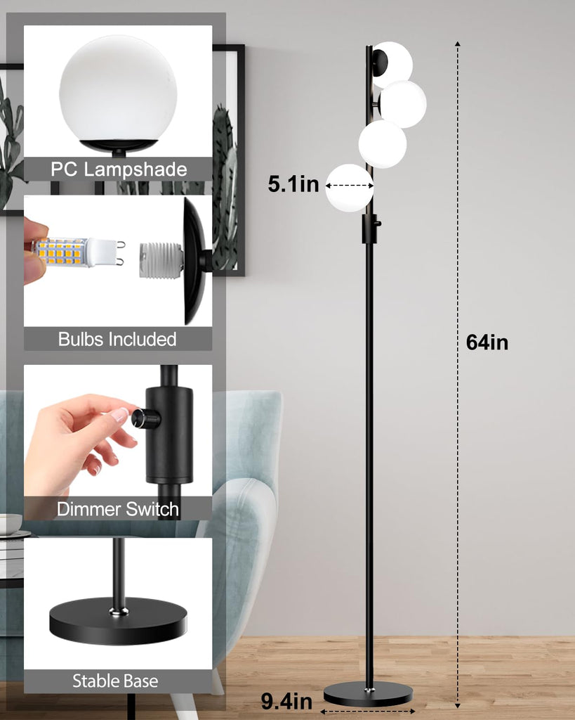 64IN Dimmable Globe Floor Lamp, Black Standing Lamps with 4PCS 3000K Bulbs Included, Mid Century Modern Floor Lamp