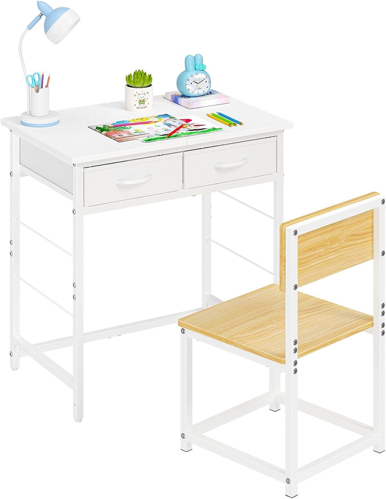 Kids Desk and Chair Set for 5-10 Year Old, Children Study Table with 2 Storage Drawers, Small Student Writing Desk