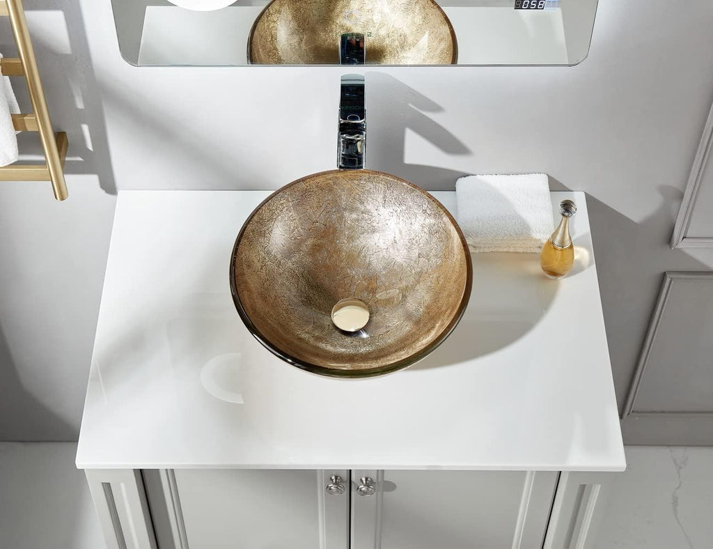 Honeysuckle Series Round Tempered Deco Glass Vessel Bathroom Sink | Top Mount Sinks Above Countertop |Handicraft