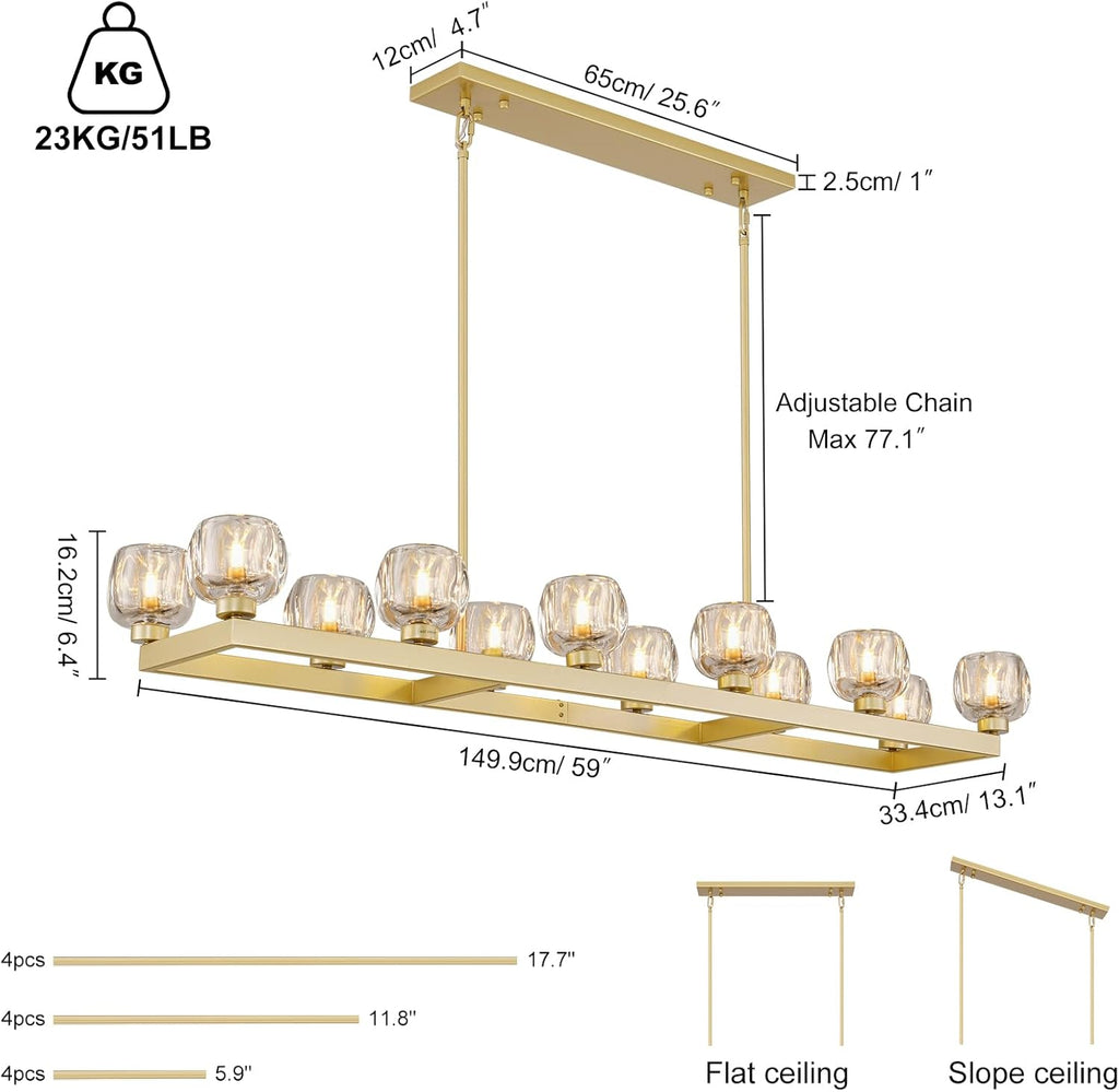54 Inch Brass Rectangle Chandeliers for Dining Room, Gold Rectangular Chandelier Over Table, Modern Crystal Long Chandelier, Farmhouse Large Linear Chandeliers for Kitchen Island A126-B0DT4D6LNJ