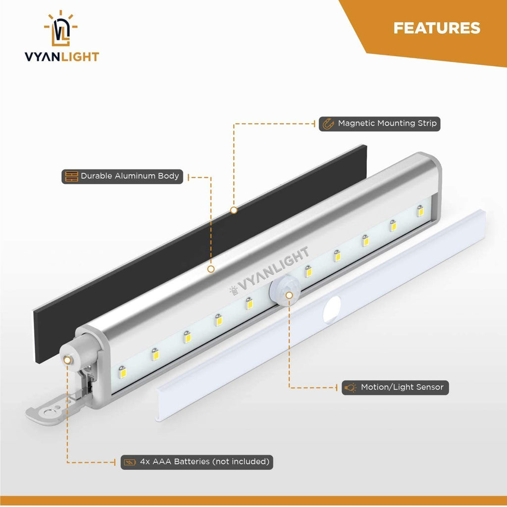 Motion Sensor LED Under Cabinet Lights, 10 LED Light Strips for Closet, Kitchen, Bathroom, Pantry - Battery Operated