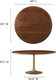 Lippa 60 Inch Round Wood Dining Table with Metal Pedestal in Brass Walnut - Modern Industrial Dining Table for 6