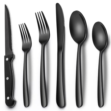24-Piece Black Silverware Set with Steak Knives, Black Flatware Set for 4, Food-Grade Stainless Steel Tableware