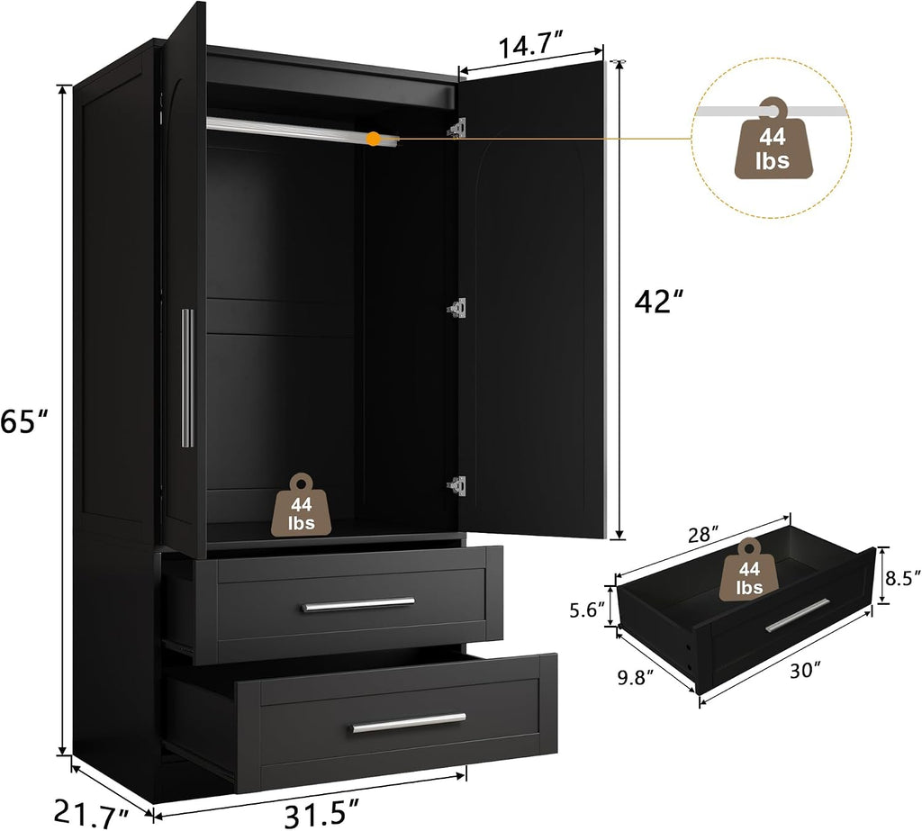 Wooden Armoire Wardrobe Closet with 2 Drawers, Clothing Storage Cabinet with Shelves Aluminum Hanging Rod, Wardrobe