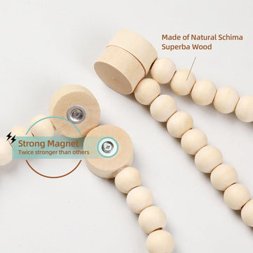 Magnetic Curtain Tiebacks with 3-Tier Tassel, Wood Bead Curtain Holdbacks No Drill, Boho Curtain Tie Backs - 4 Pack