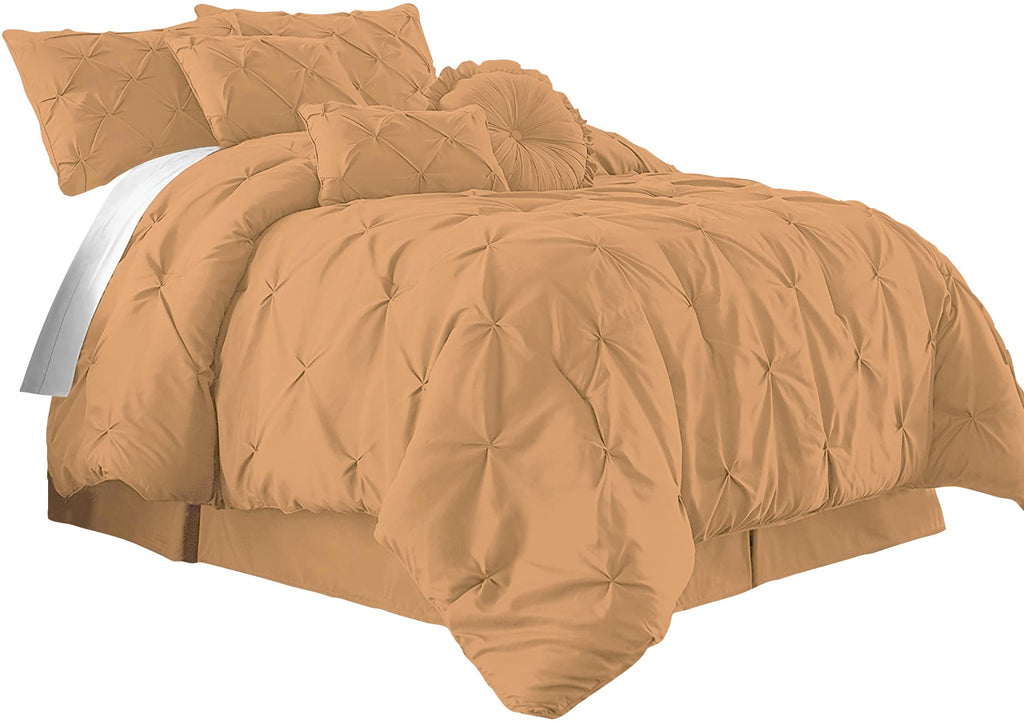 100% Egyptian Cotton 7-Piece Pinch Pleat Pintuck Bedding Comforter Set, 1000 Thread Count (Full, Sand)