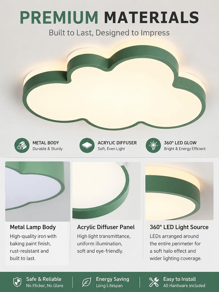 Cloud Ceiling Light for Kids Room, 19 Inch Green Cloud LED Flush Mount Ceiling Light with Remote, 3 Color Changeable