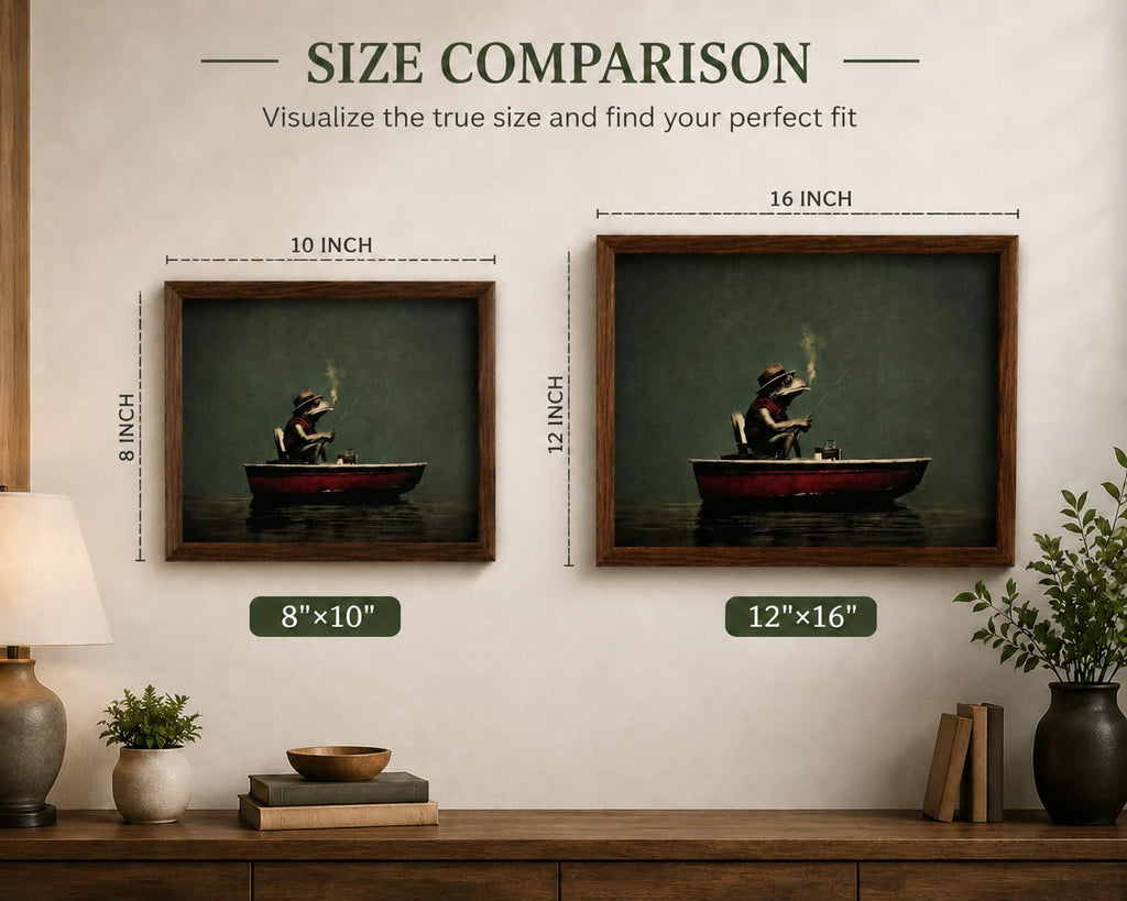 Framed Frog Fishing Wall Art Vintage Rustic Lake House Picture