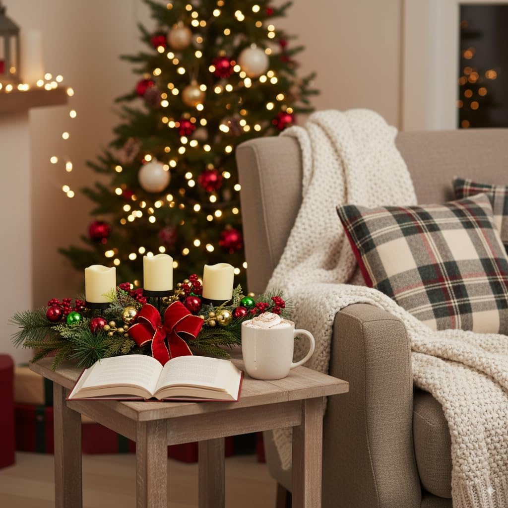 26 Inch Christmas 3 Candle Centerpiece with Red Bow and Ornaments