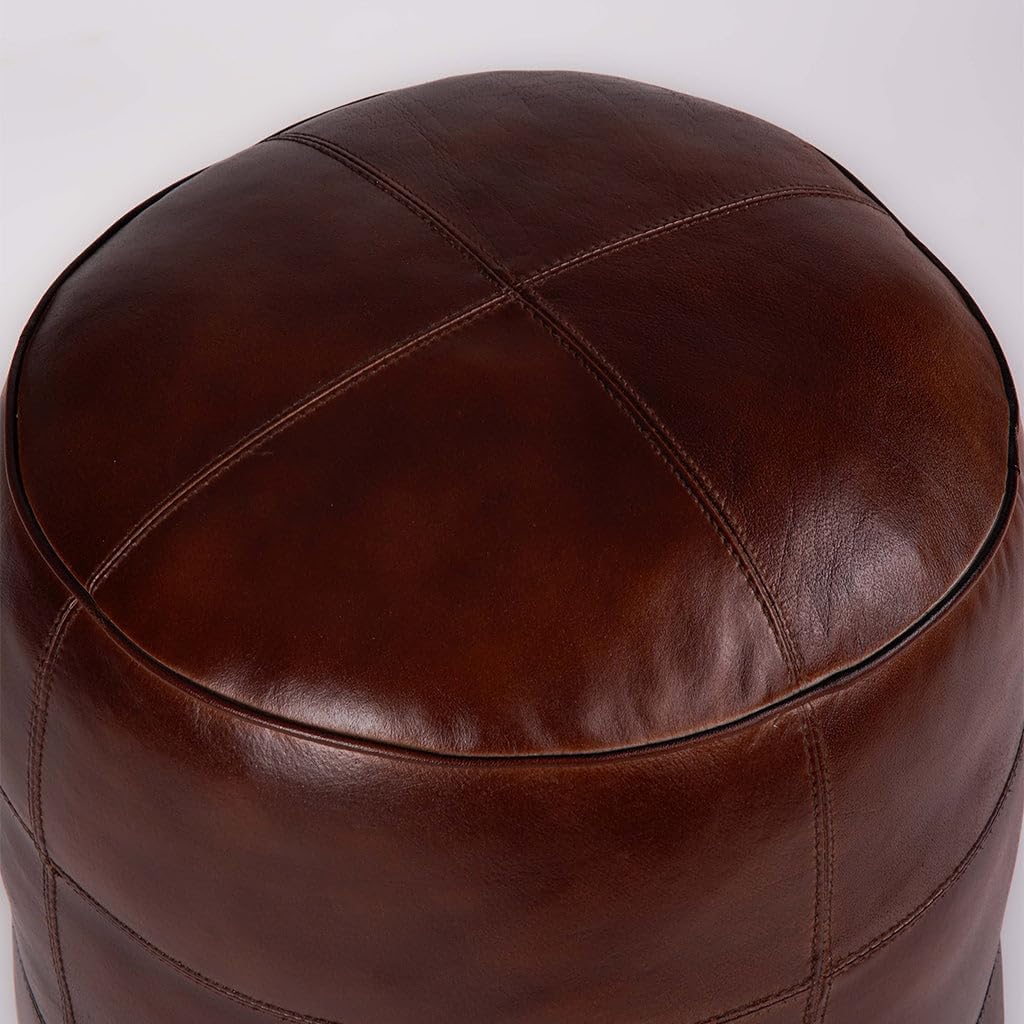 Round Shaped Buffalo Leather Eco-Friendly Brown Pouf - Round Pouf, 14"x14" x14", Plain Solid Pouf, Buffalo Leather